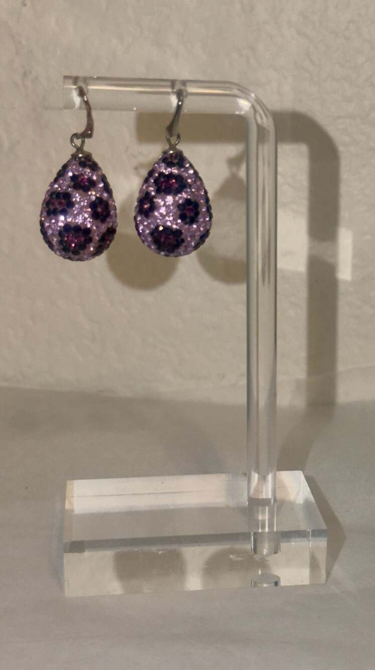 Vtg Y2K Purple Leopard  Rhinestone Pave Teardrop Dangle Earrings.925 1.25"